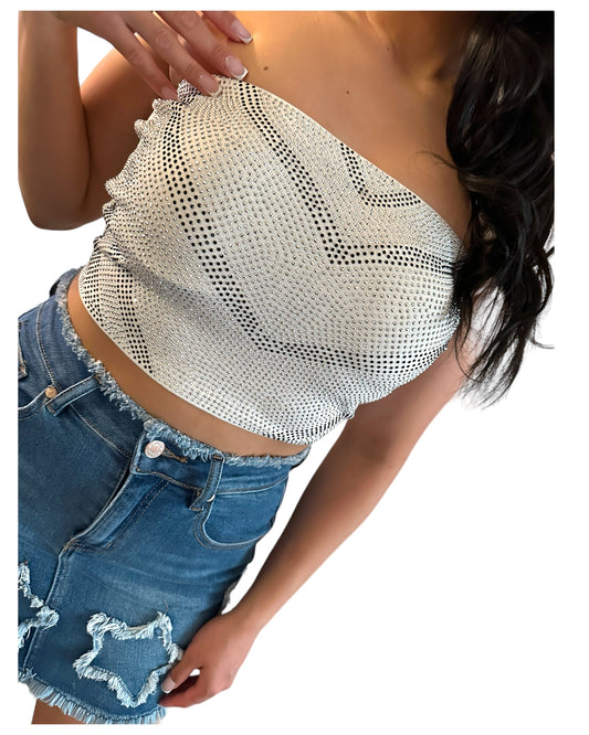 HOT GIRL RHINESTONE TOP-WHITE